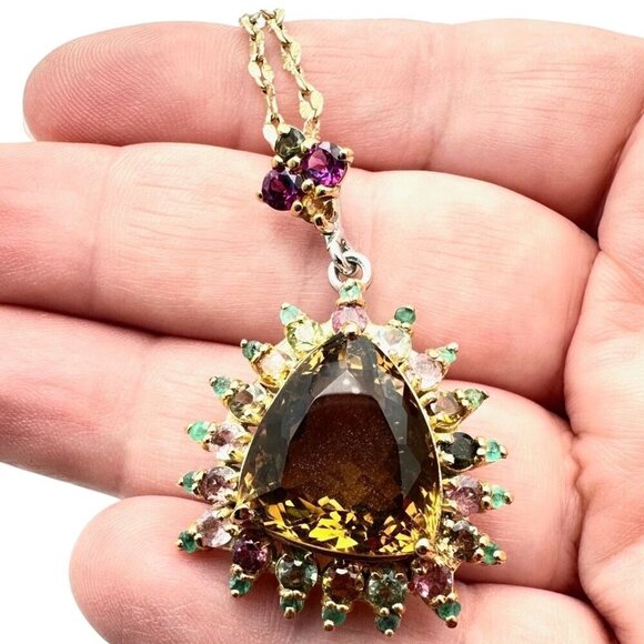 Womens Necklace Gold over Sterling Silver Citrine Tourmaline Pendant 16" Chain - Picture 1 of 6